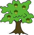 un arbre stylisé au feuillage vert avec quelques glands
