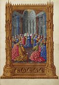 La Vierge entourée des apôtres reçoivent le Saint-Esprit dans une basilique
