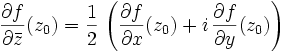 \frac{\partial f}{\partial \bar{z}}(z_0) = \frac{1}{2}\, \left(\frac{\partial f}{\partial x}(z_0) + i\, \frac{\partial f}{\partial y}(z_0)\right)