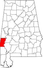 Localisation du comté de Choctaw (en rouge) dans l'Alabama