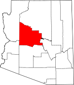 Carte indiquant la situation du comté de Yavapai (en rouge) dans l'État de l'Arizona