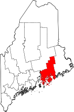 Carte situant le comté de Hancock (en rouge) dans l'état du Maine