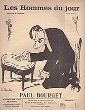 Caricature parue dans Les Hommes du jour, représentant Bourget accroupi devant un bidet.