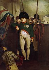  Napoléon accoudé sur le pont d'un navire, à ses côté un garde