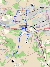 Lignes de bus urbains desservant la gare d'Épône - Mézières (tracé en bleu)