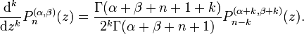 
\frac{\mathrm d^k}{\mathrm d z^k}
P_n^{(\alpha,\beta)} (z) = 
\frac{\Gamma (\alpha+\beta+n+1+k)}{2^k \Gamma (\alpha+\beta+n+1)}
P_{n-k}^{(\alpha+k, \beta+k)} (z) .
