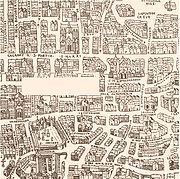 Plan de 1552 représentant le Paris de Nicolas Flamel, de sa maison au coin de la rue de Marivaux et de la rue des Écrivains au cimetière des Innocents