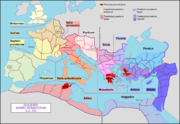 Carte de l'Empire romain avec les différents diocèses en 400 après Jésus-Christ. Les capitales des diocèses sont aussi mentionnées.