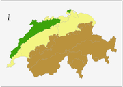 carte de la suisse montrant la division du territoire en trois régions géologiques, ces régions se répartissent en trois bandes paralléles et orientées du sud-ouest au  nord-est