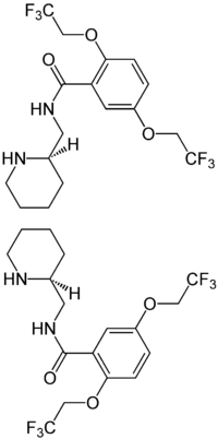 Énantiomère R du flécaïnide (en haut) et S-flécaïnide (en bas)
