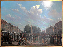 Tableau de Henri Blandin, Défilé de la compagnie des sapeurs pompiers place Neuve [place de la République] à Vesoul, 1882, collections du musée Georges-Garret