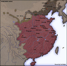 La carte représente la carte de la Chine avec la distribution des forces en Chine à l'époque de la dynastie des Song du Nord. Le territoire Song est représenté en rouge. Les territoires Liao et Xi Xia (Xia occidentaux) sont représentés au nord.