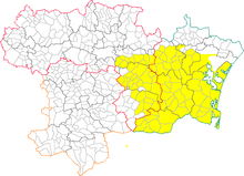 La carte des communes du département de l'Aude montre la zone délimitée colorée en jaune