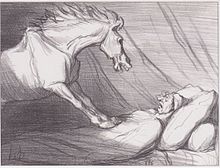 Un cheval écrase un homme endormi de ses sabots et le regarde fixement.