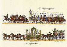 Défilé du jubilé de 1835, avec tout d'abord un groupe d'hommes à cheval divisé en 2, les premiers jouant de la trompette, les seconds portant des drapeaux. En dessous on voit deux attelages