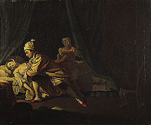 Peinture montrant une femme qui s'évanouit alors qu'un homme l'attaque. Elle est dans la lumière, à gauche de l'image, et son chemisier est défait, exposant en grande partie sa poitrine. La plupart du reste du tableau, en particulier les rideaux du lit, est dans des tons sombres, comme le noir ou le vert foncé.