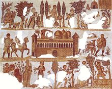 Vue générale de la mosaïque du seigneur Julius représentant la villa et diverses scènes de la vie agricole du domaine à divers moments de l’année.