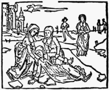 Illustration gravée représentant la chute de Lydwine, dans l'hagiographie que Johannes Brugman fit de cette sainte