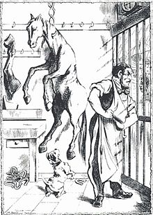 Gravure représentant une femme devant un boucher, lequel cache un cheval pendu sur son croc de boucher.