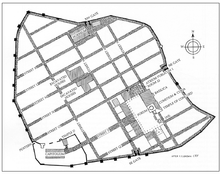 Plan de la colonie : un réseau viaire orthogonal et un ensemble Forum/Capitole.