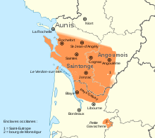 Carte représentant l'aire linguistique du Saintongeais dans les Charentes et le Nord-Gironde