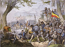 Lithographie contemporaine du combat de Kandern, depuis la perspective des révolutionnaires, le 20 avril 1848, lors duquel le soulèvement d'Hecker fut défait.