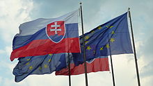 Drapeaux slovaques aux côtés des drapeaux européens devant le Conseil national de la République slovaque