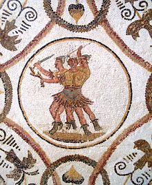 Représentation d’Hercule sur la mosaïque d’Acholla dans trois scènes avec divers attributs du mythe.