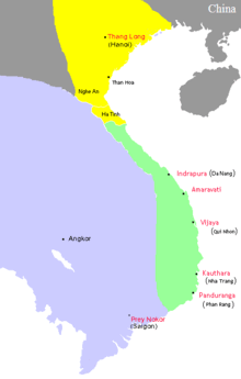 Carte de la péninsule vietnamienne. Les trois empires qui contrôlent ce territoire en 1100 sont représentées. En jaune, au nord-est, l'empire Dai Viet ; au sud-est en vert, l'empire Champa ; à l'ouest en gris, l'Empire khmer.