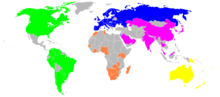 Planisphère représentant les pays dont les équipes participent aux qualifications de la Coupe du monde 2011