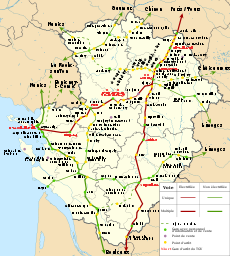 Carte des lignes SNCF du Poitou-Charentes : Saintes est au cœur d'une étoile ferroviaire à cinq branches