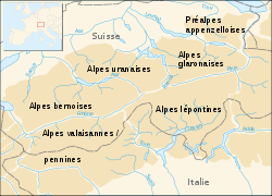 Carte de localisation des Alpes uranaises dans les Alpes centrales.