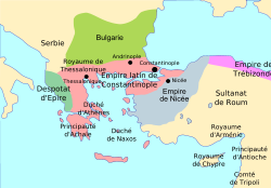 Carte de l'Asie mineure et des Balkans en 1204 ; l'Empire de Nicée est indiqué en bleu.
