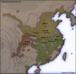 Territoires des Trois Royaumes de Chine en 262.Le royaume de Shu est représenté en rouge.