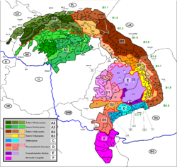 Carte des subdivisions des Carpates avec les monts Beljanica en F5.