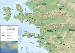 Carte de la région de la ville antique d'Éphèse montrant le mont Tmole au sud de la Lydie.