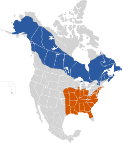 bleu: zone de nidification ocre: zone d'hivernage