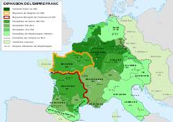 Carte rétrospective du royaume de Syagrius aux royaumes francs, jusque l'empire carolingien sous Charlemagne.