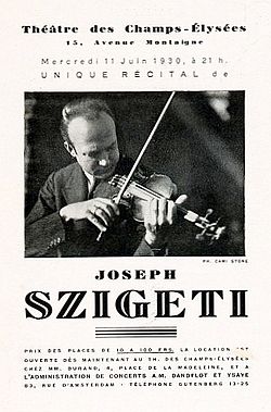 Affiche pour un récital de Joseph Szigeti au théâtre des Champs-Élysées à Paris en 1930