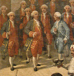 Joseph de Bauffremont (au centre) avec le capitaine de Broves à sa droite, accueillis à Smyrne par le consul français, 28 september 1766 (détail).