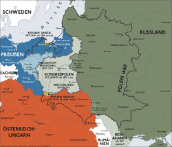 Carte de la région présentant le Royaume du Congrès en gris clair. Les lignes noires indiquent les frontières de la Pologne avant sa partition.