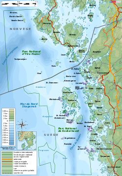 Carte des parcs nationaux d'Ytre Hvaler et Kosterhavet. Le fjord de Koster se démarque clairement