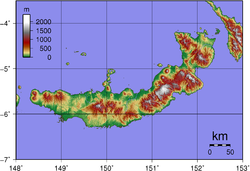 Carte topographique de la Nouvelle-Bretagne avec les monts Nakanai situés au niveau du cap dans la partie orientale de l'île
