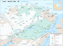 Carte du parc national Quttinirpaaq avec la chaîne United States à l'est.