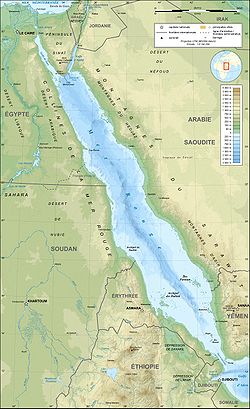 Carte de la mer Rouge avec les monts Sarawat le long de sa côte est.