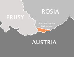 Territoire de la Ville libre de Cracovie (orange) et ses trois voisins (Royaume de Prusse, Empire d'Autriche et Empire russe)