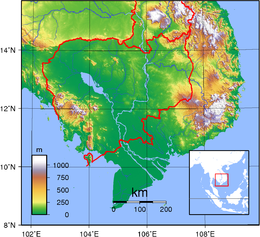 Topographie du Cambodge : l'importance du Tonle Sap est visible.
