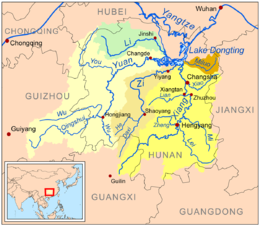 Carte (en anglais) situant et montrant le bassin de la rivière Xiang
