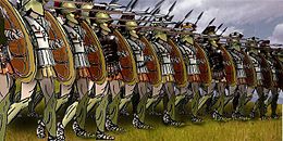 Dessin moderne où l'on voit un grand nombre d'hoplites en rangs serrés : une phalange.