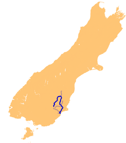 Le Taieri et ses affluents sur une carte de l'île du Sud.